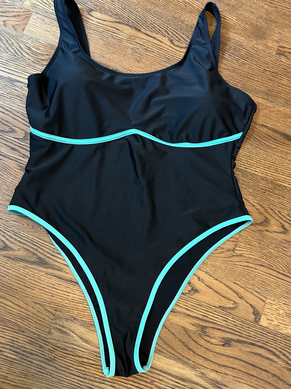Source Unknown Black One-Piece Swimsuit with Teal Trim 0098